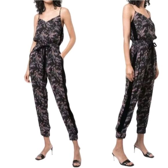Cinq a Sept Womens M Amina Silk Floral Vneck Jumpsuit‎ Sleeveless Sash Tie Waist - Picture 2 of 10